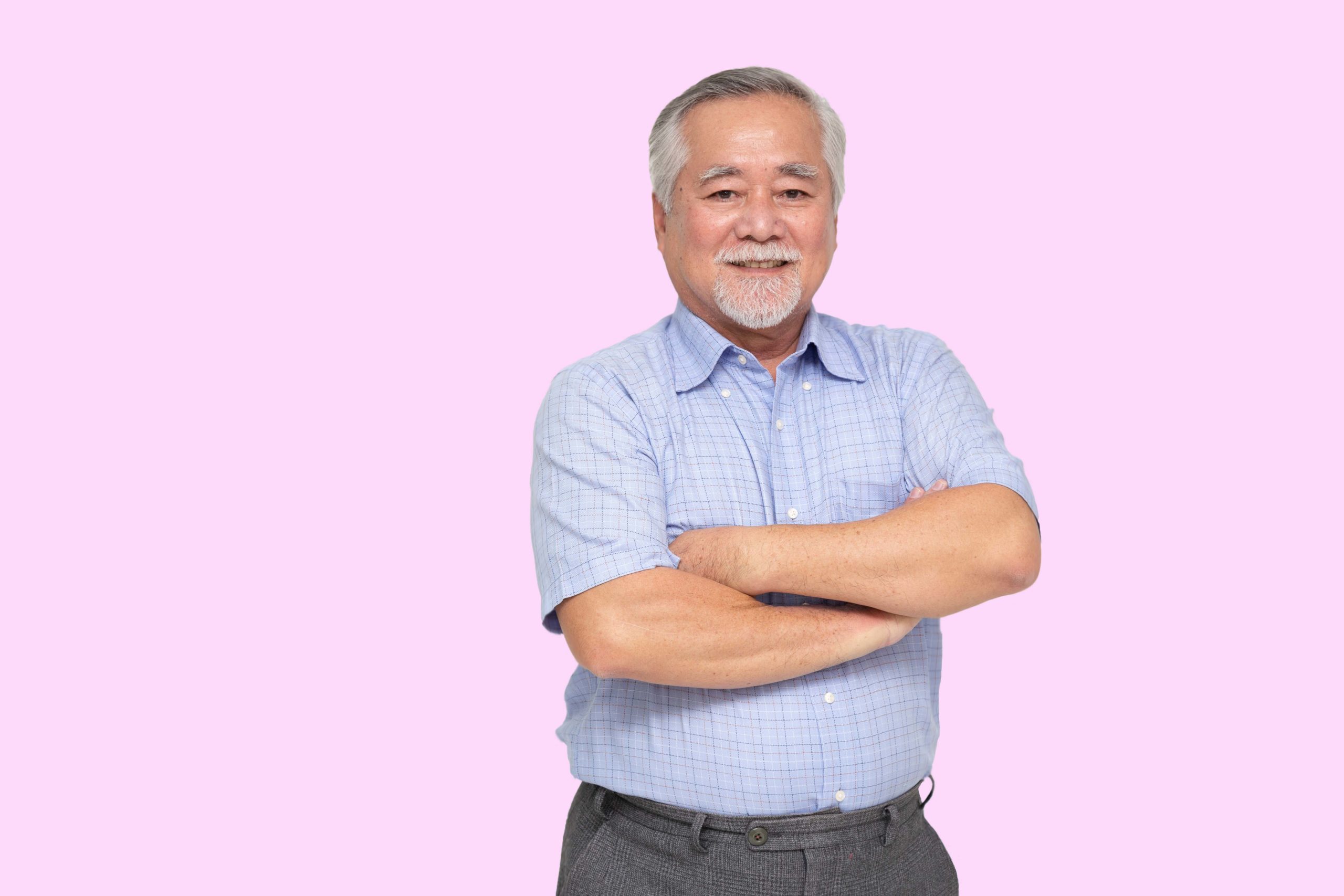 Portrait of senior asian man with arms crossed and smile isolated over white background, Mature businessman smiling and looking at camera, Happy feeling concept