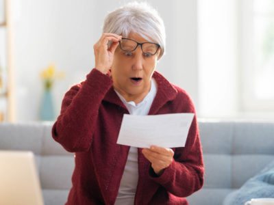 Older woman looking shocked as she looks at her Social Security receipt and her Medicare Advantage give back plan earnings.